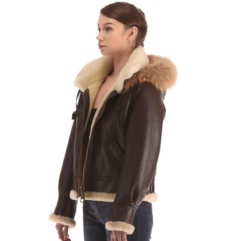 PIECOLOUR B3 lady's brown leather and white fur jacket