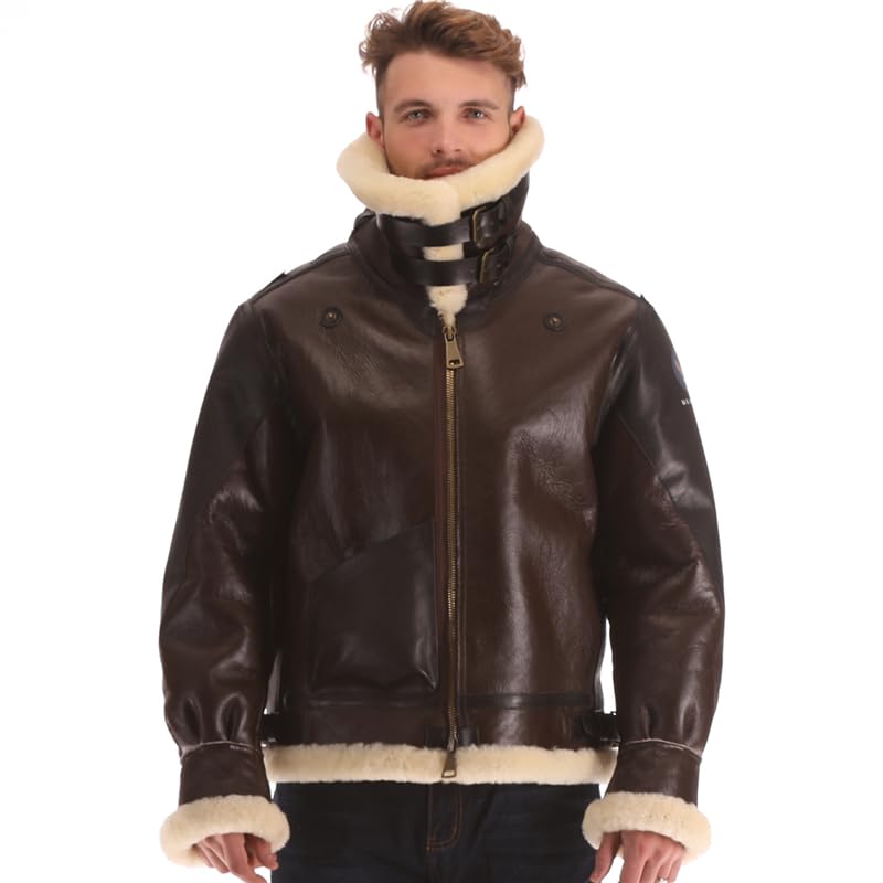 PIECOLOUR B3 bomber leather jacket Australian sheepskin shearing brown leather white wool