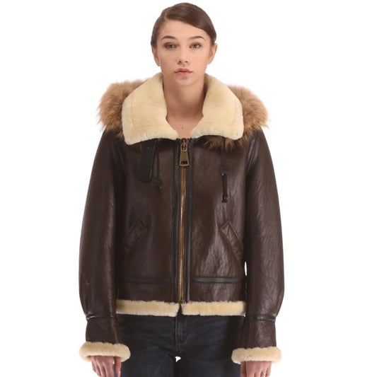 PIECOLOUR B3 lady's brown leather and white fur jacket