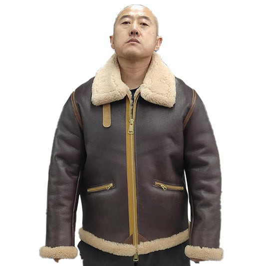 PIECOLOUR B3 bomber leather jacket Australian sheepskin shearing dark brown leather pink wool