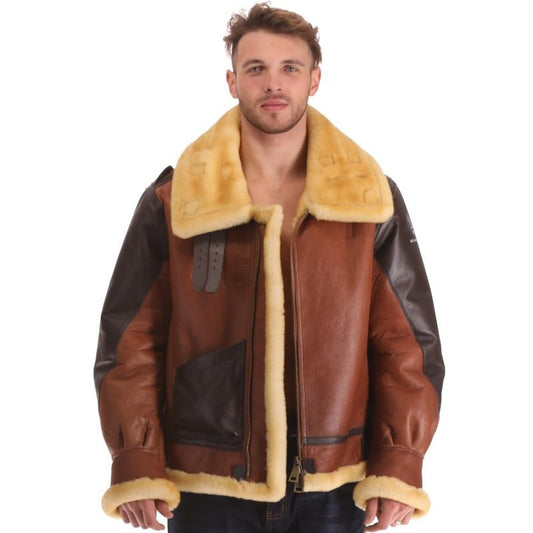 PIECOLOUR B3 bomber leather jacket reddish brown leather golden wool