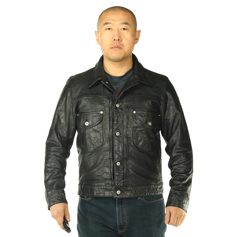 PIECOLOUR Black American leather jacket retro water wash sheepskin