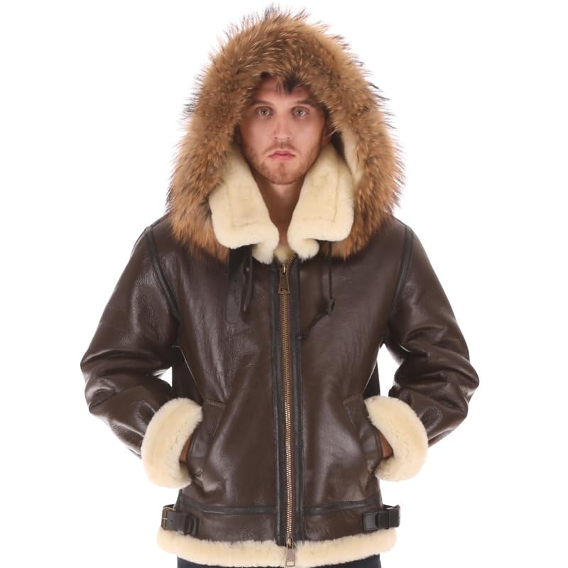 PIECOLOUR B3 bomber leather jacket Australian sheepskin shearing hat removable Brown leather and white wool