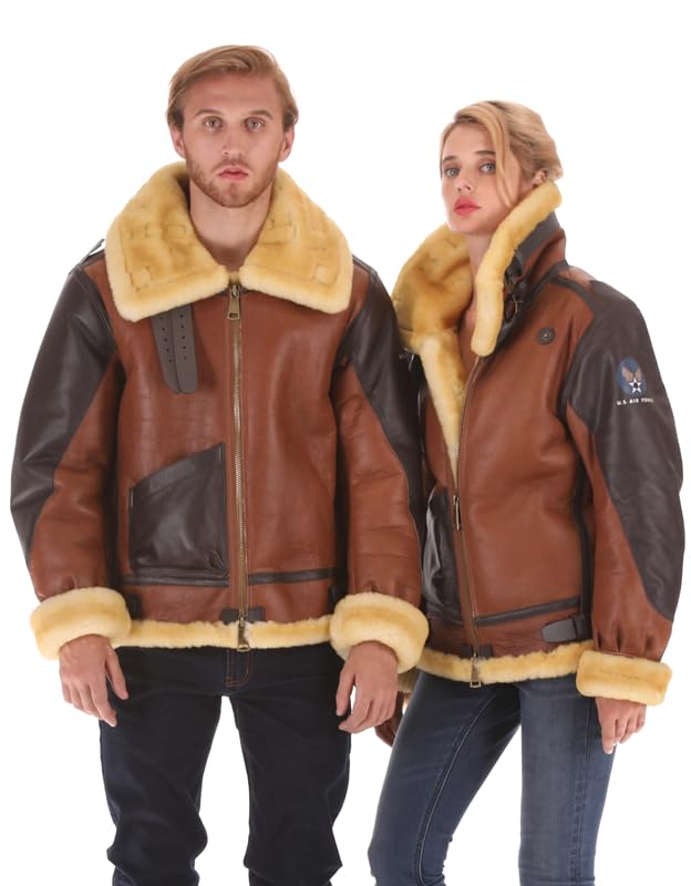 PIECOLOUR B3 bomber leather jacket reddish brown leather golden wool