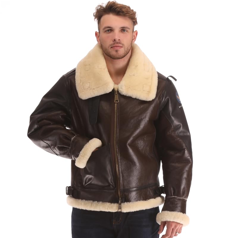 PIECOLOUR B3 bomber leather jacket Australian sheepskin shearing brown leather white wool
