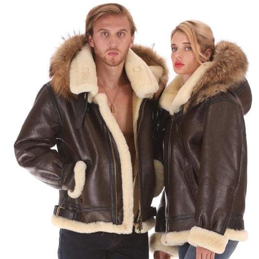 PIECOLOUR B3 bomber leather jacket Australian sheepskin shearing hat removable Brown leather and white wool
