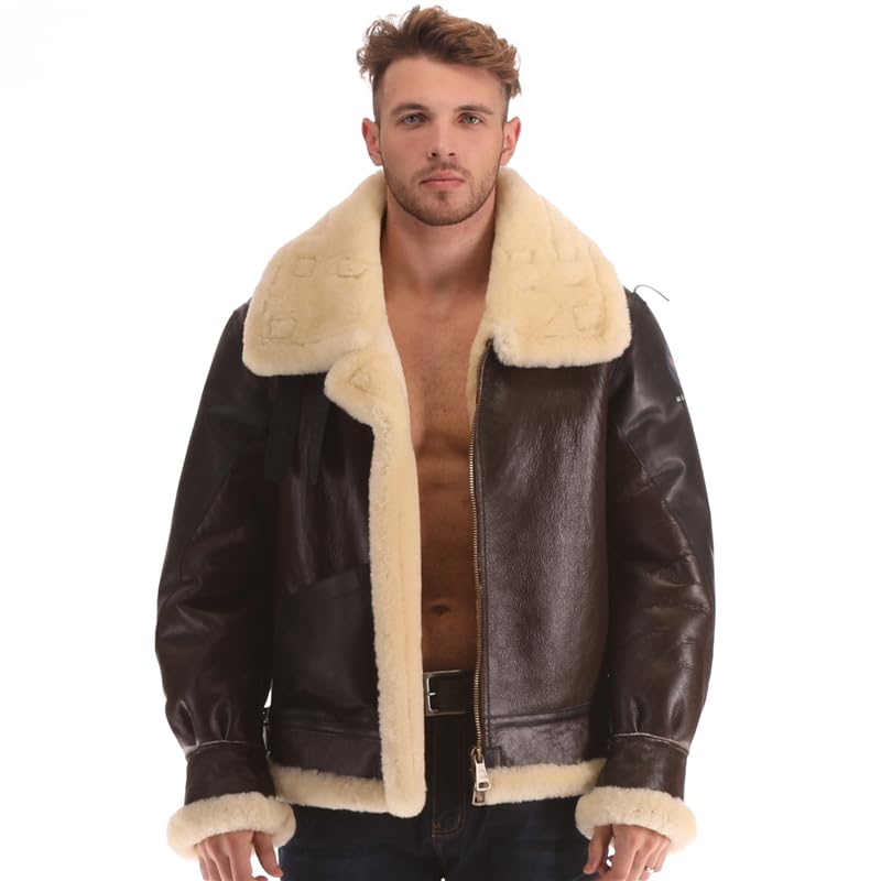 PIECOLOUR B3 bomber leather jacket Australian sheepskin shearing brown leather white wool