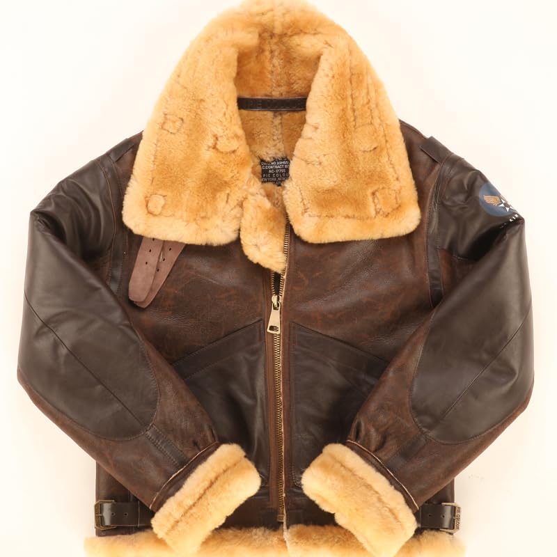 PIECOLOUR B3 bomber leather jacket Australian sheepskin shearing dark brown cracked leather brown wool 18mm