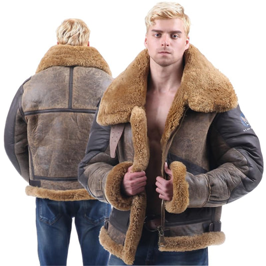 PIECOLOUR B3 bomber leather jacket Australian sheepskin shearing dark brown cracked leather brown wool