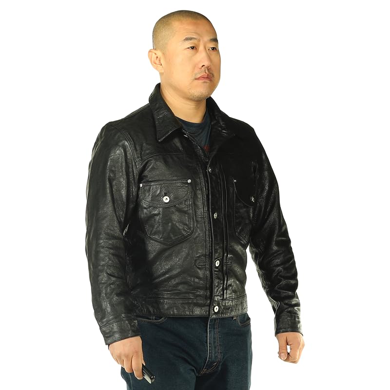 PIECOLOUR Black American leather jacket retro water wash sheepskin