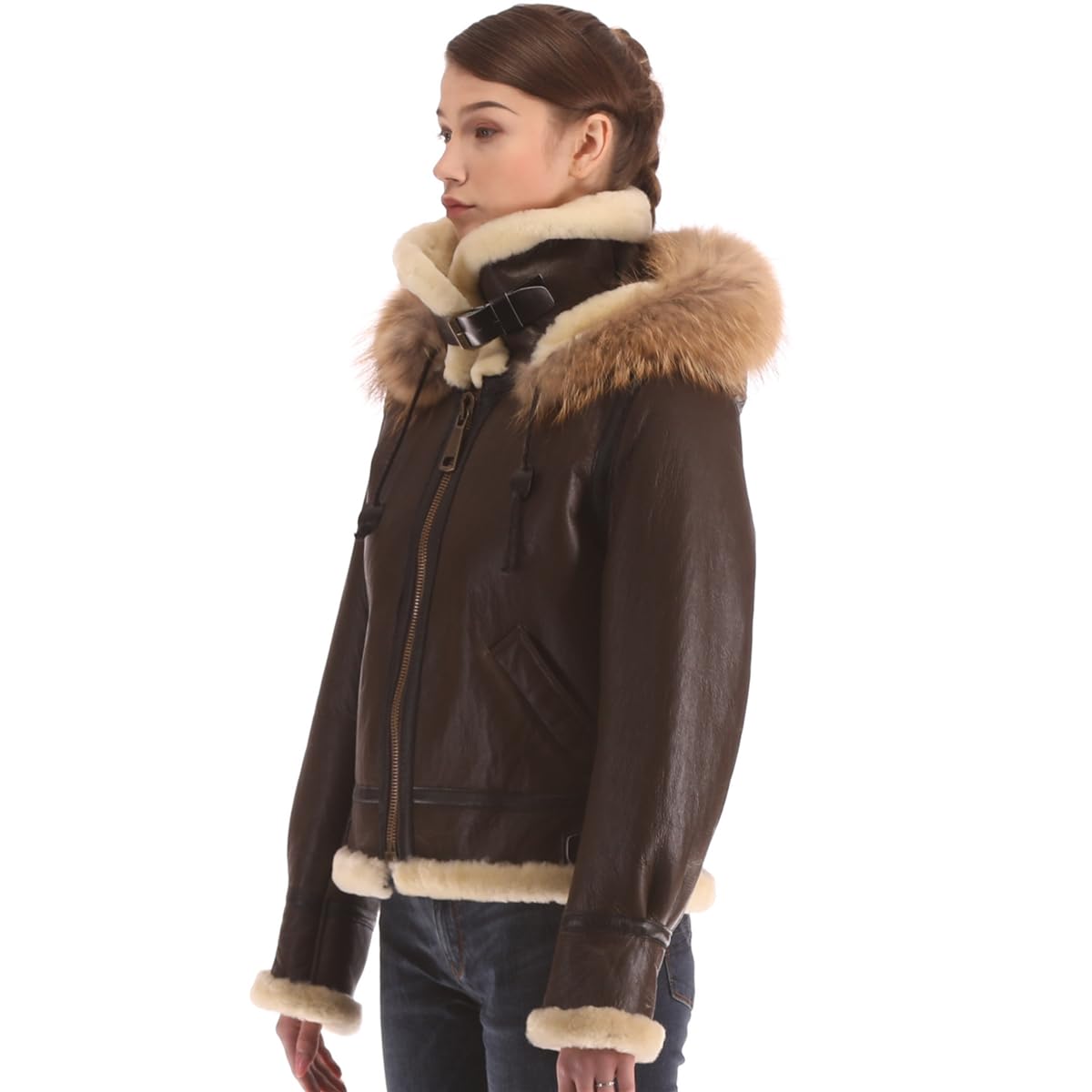 PIECOLOUR B3 lady's brown leather and white fur jacket