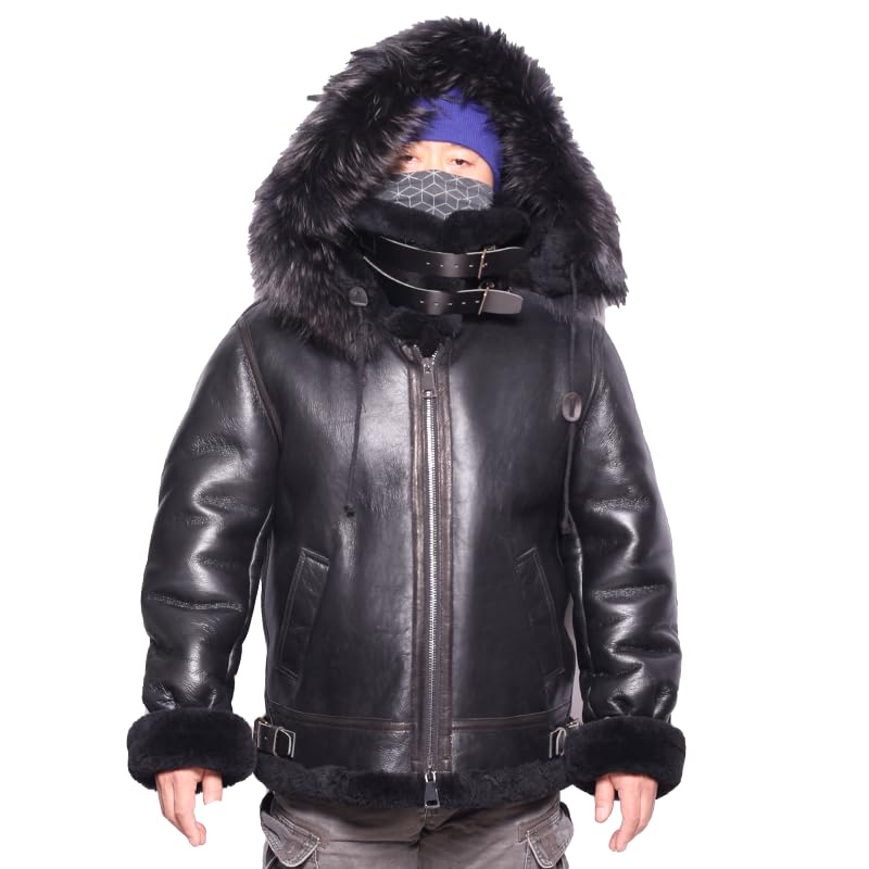 PIECOLOUR B3 bomber leather jacket Australian sheepskin shearing hat removable Brown leather and white wool