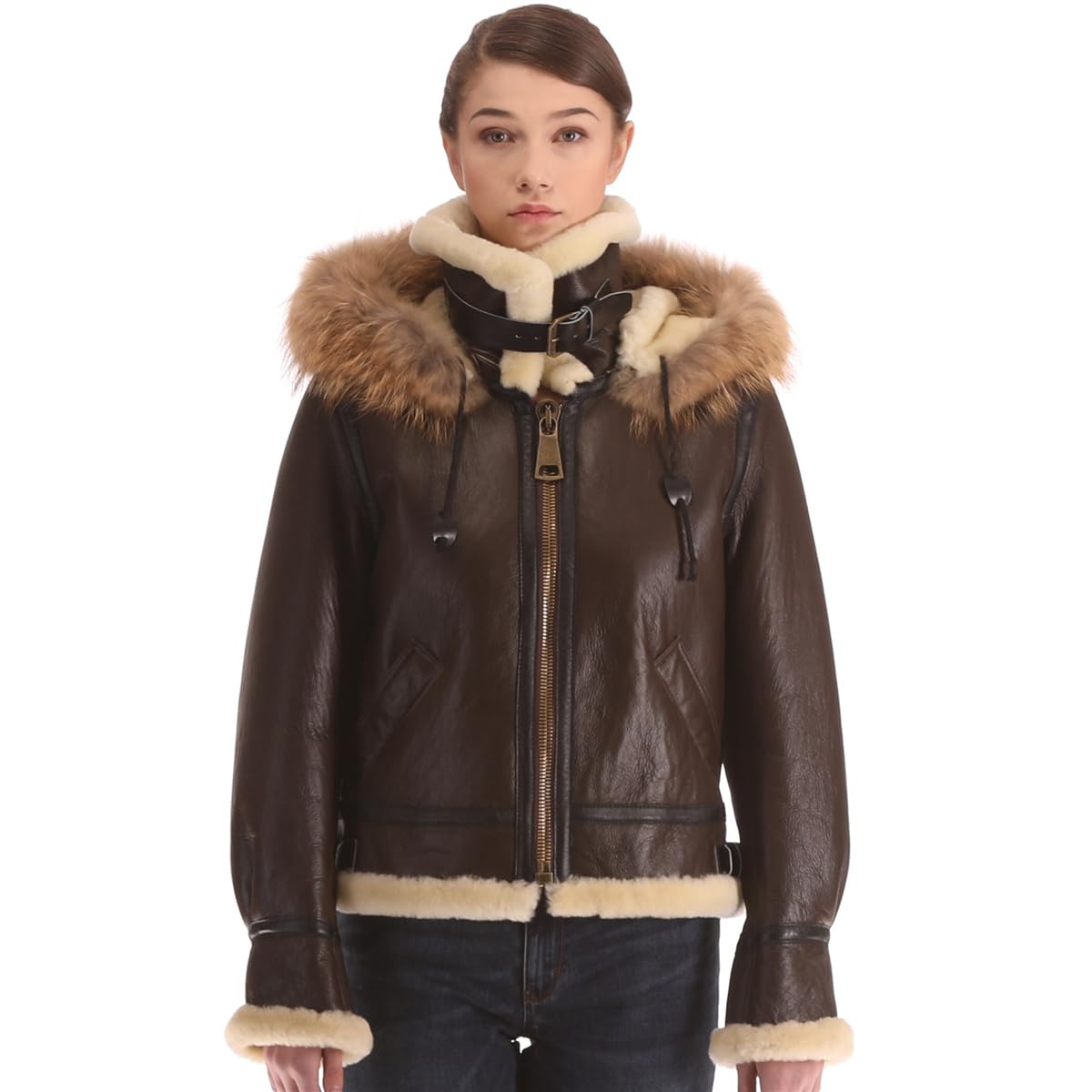 PIECOLOUR B3 lady's brown leather and white fur jacket