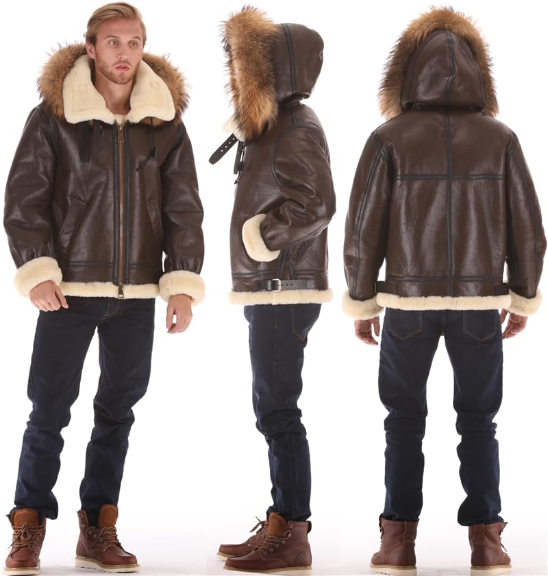 PIECOLOUR B3 bomber leather jacket Australian sheepskin shearing hat removable Brown leather and white wool