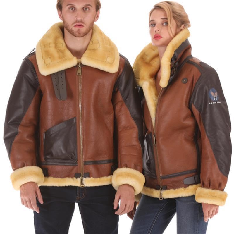 PIECOLOUR B3 bomber leather jacket reddish brown leather golden wool