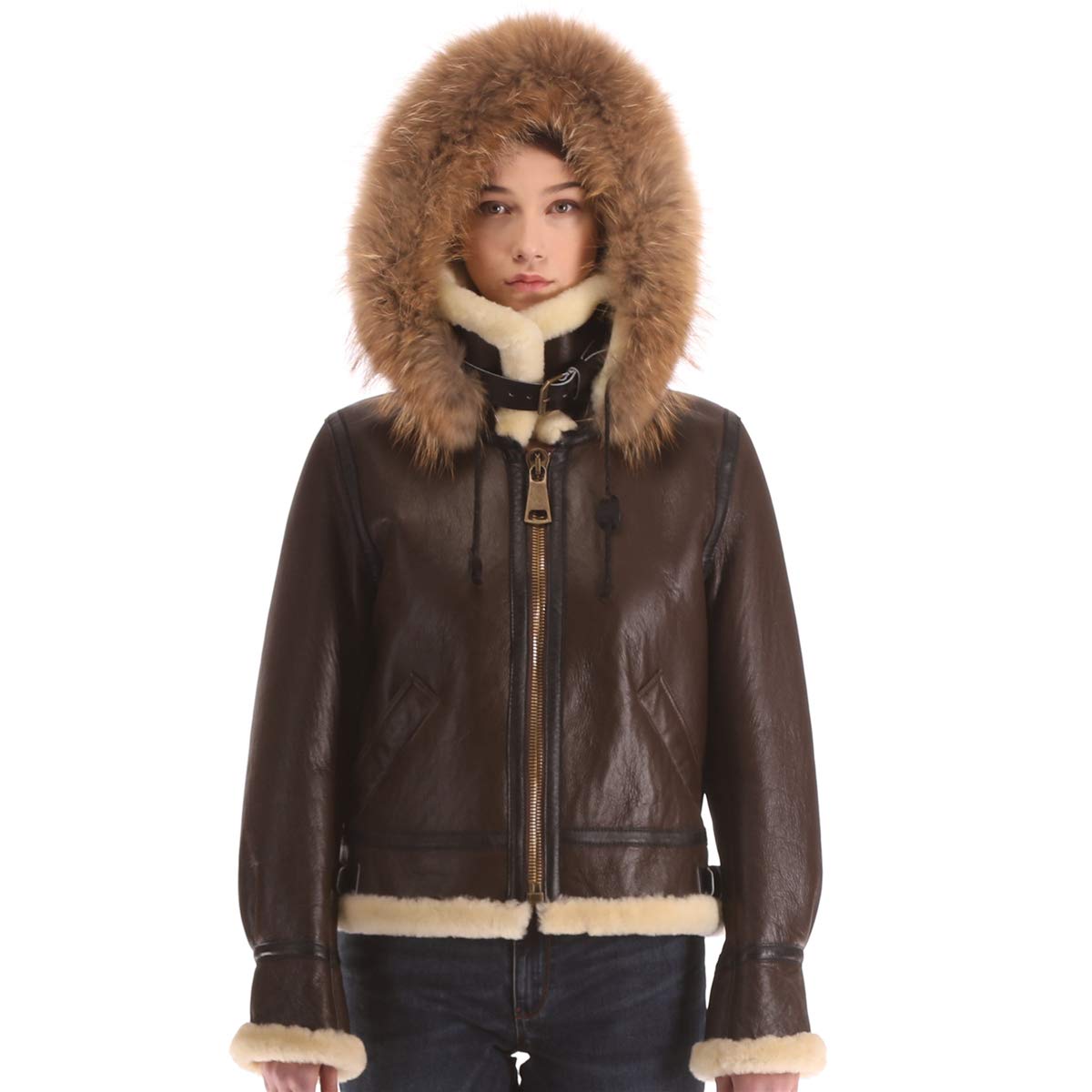 PIECOLOUR B3 lady's brown leather and white fur jacket