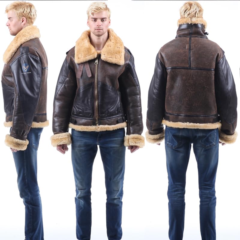 PIECOLOUR B3 bomber leather jacket Australian sheepskin shearing dark brown cracked leather brown wool 18mm