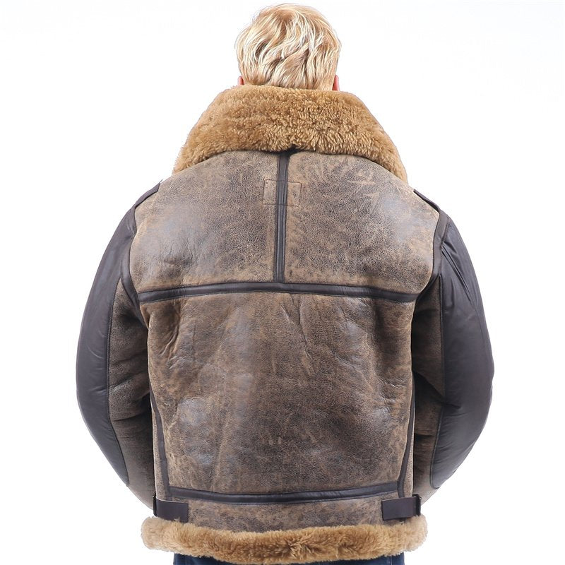 PIECOLOUR B3 bomber leather jacket Australian sheepskin shearing dark brown cracked leather brown wool