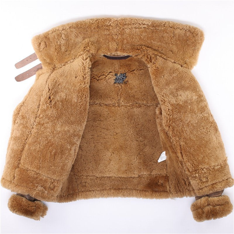 PIECOLOUR B3 bomber leather jacket Australian sheepskin shearing dark brown cracked leather brown wool